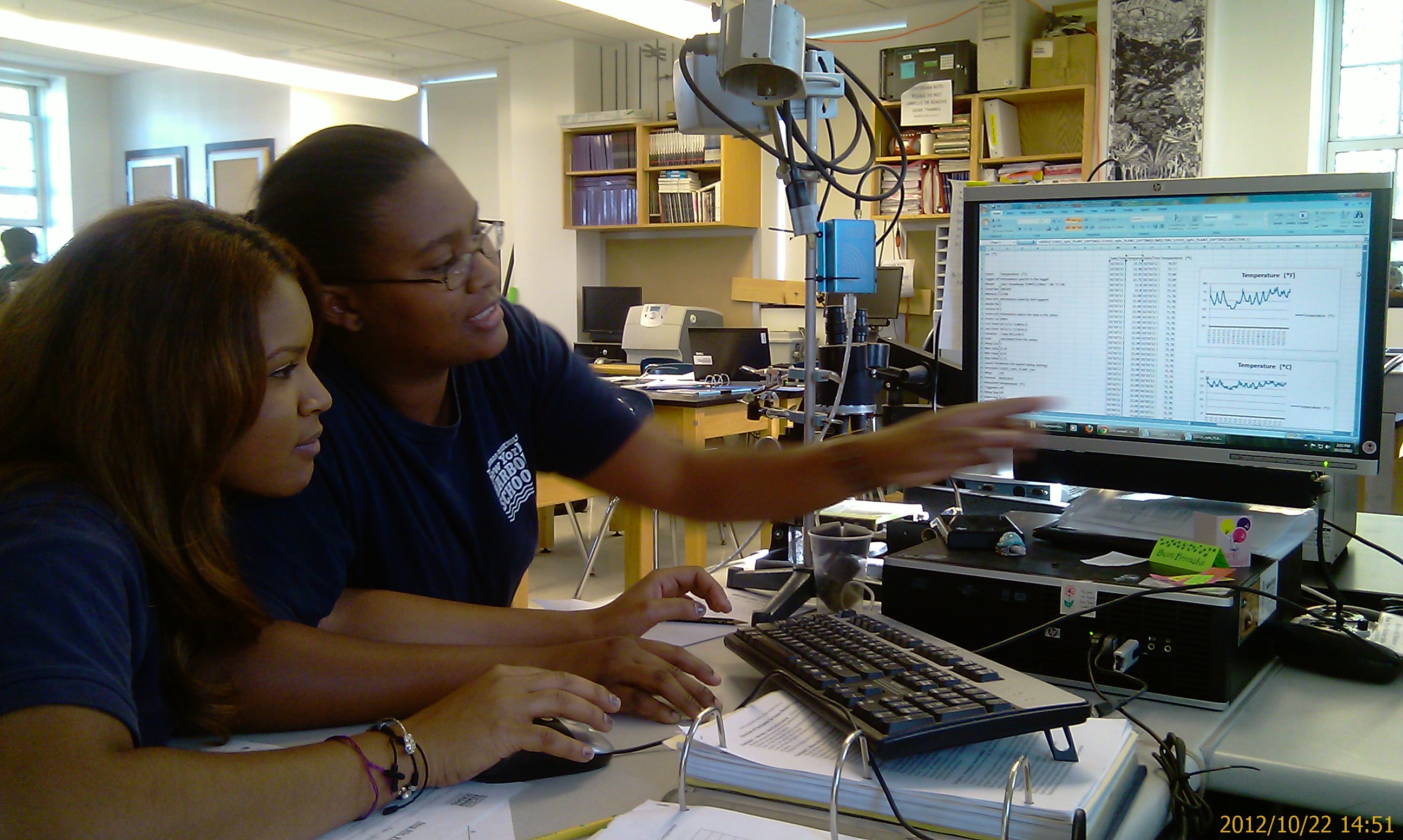 Stephanie and Jasmine work on their data. 